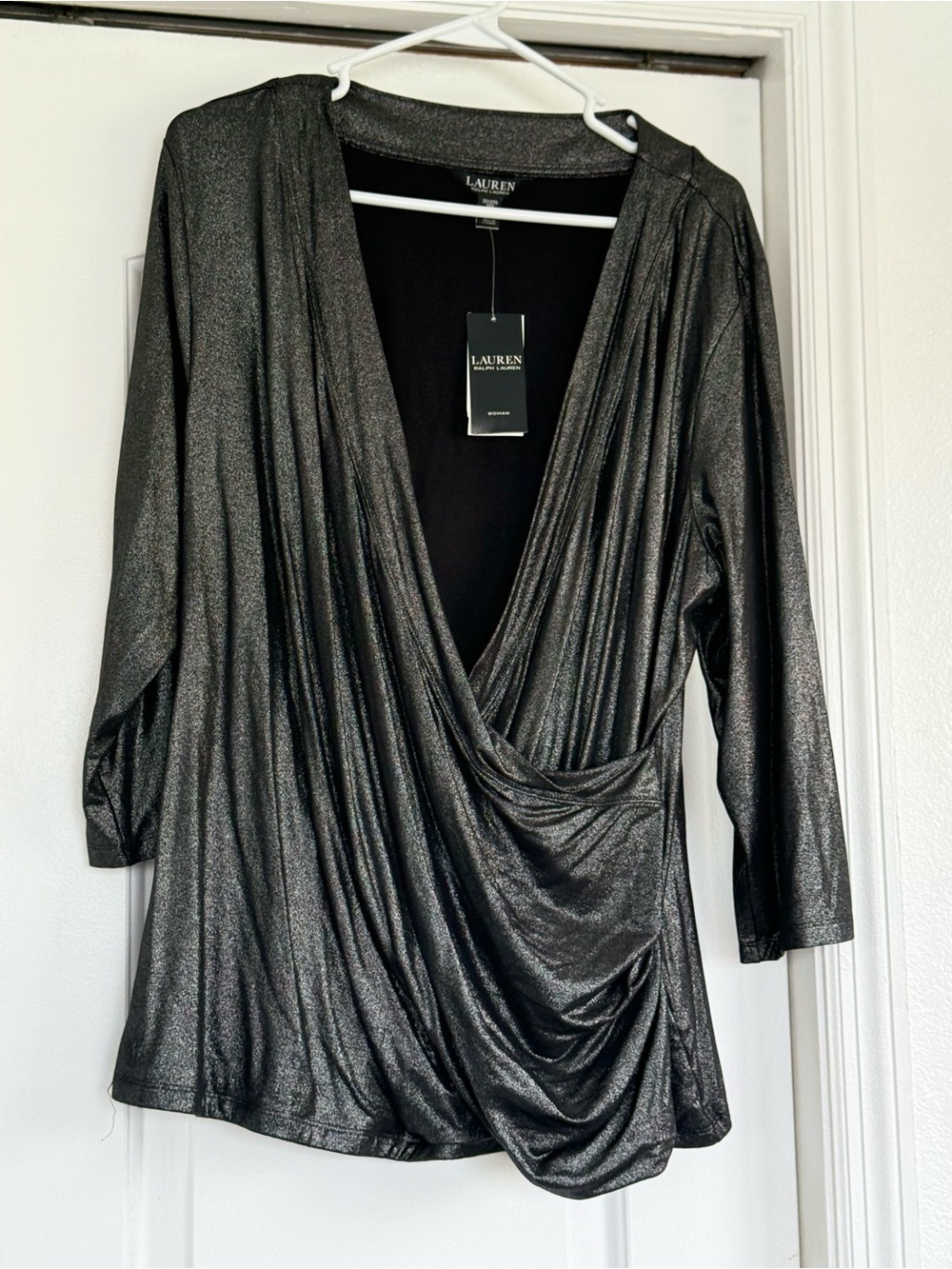 Lauren Ralph Lauren Metallic Charcoal Draped Wrap Blouse
